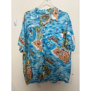 Pineapple Connection Blue Tropical Surf Hawaiian Shirt Canoe Print Rayon Camp Co